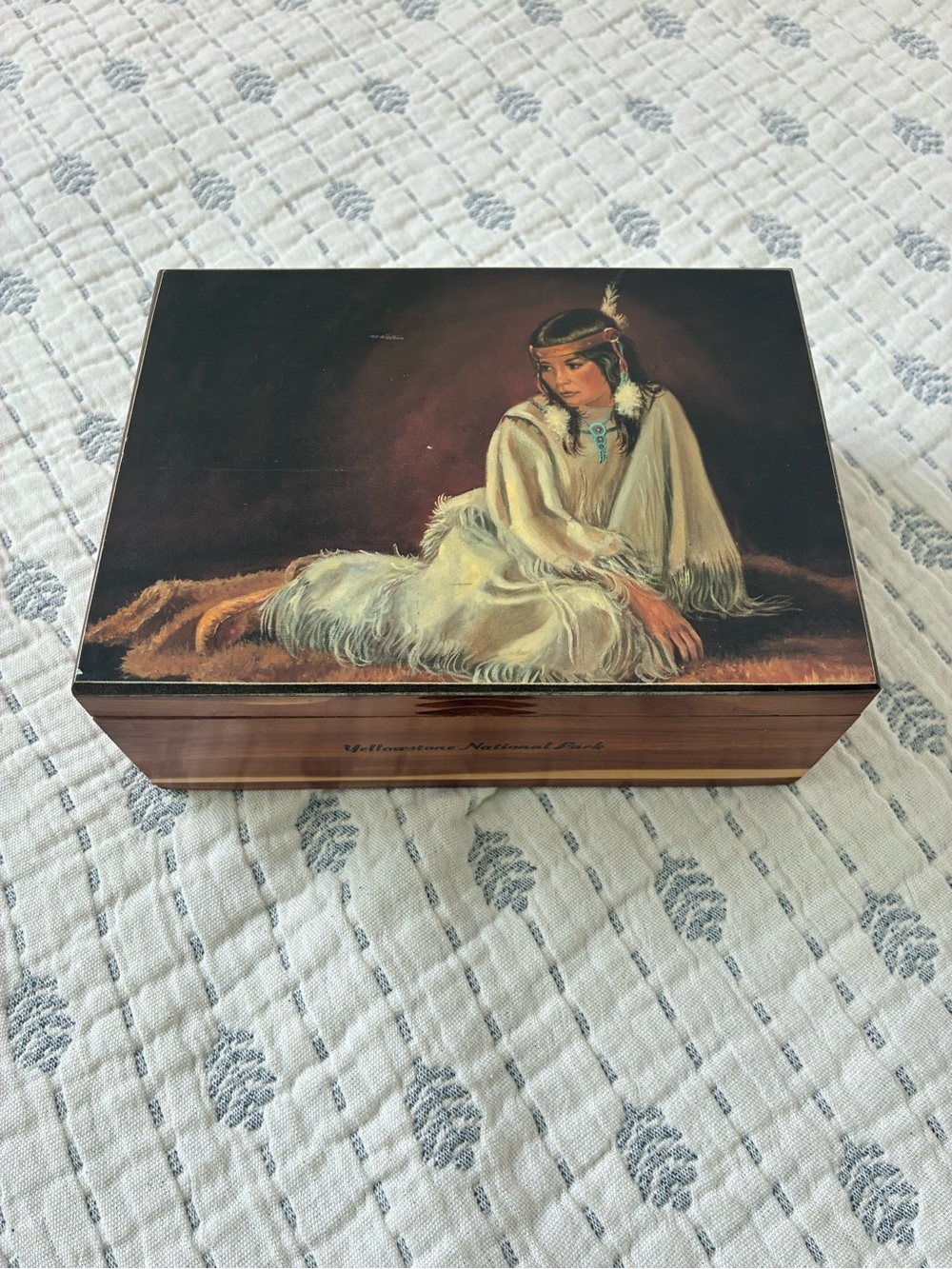 Vintage Cedar Souvenir Box with Indian Bride